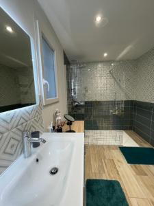 a bathroom with a white sink and a shower at Le Repaire des Bolides - 24H du Mans - 6p - Wi-Fi 