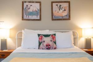 - un cochon sur un oreiller sur un lit dans l'établissement Madeline Farms, à Luray