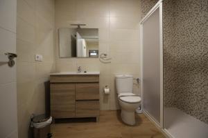 een badkamer met een toilet, een wastafel en een douche bij Apartamento turístico la Vera in Aldeanueva de la Vera