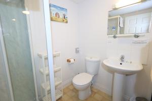 łazienka z toaletą, umywalką i prysznicem w obiekcie Fosfelle Cottages w mieście Bideford +48 zdjęć