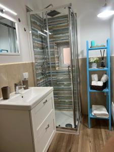 a bathroom with a shower with a sink and a glass shower stall at La petite maison in Naples