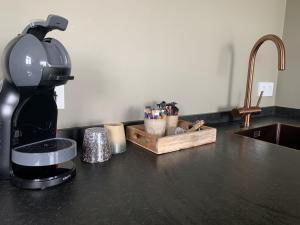 een aanrecht met een koffiezetapparaat op een aanrecht bij Gastenverblijf lânlibben in Lioessens