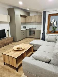 a living room with a couch and a table at Cozy apartment near city center in Bucharest