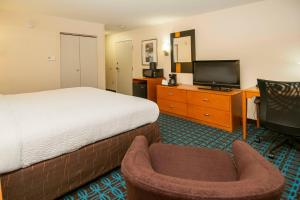 um quarto de hotel com uma cama e uma cadeira e uma televisão em Fairfield Inn & Suites by Marriott San Antonio North/Stone Oak em San Antonio