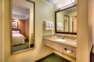 a bathroom with a sink and a mirror and a bed at SpringHill Suites by Marriott - Tampa Brandon in Tampa