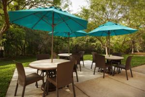 un grupo de mesas y sillas con sombrillas azules en TownePlace Suites Tampa North I-75 Fletcher, en Tampa