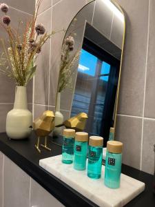 a bathroom counter with four bottles of moisturizers and a mirror at KODA Edam in Edam