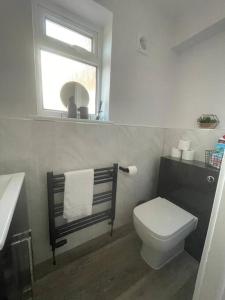 a bathroom with a toilet and a sink and a window at DaisyChain Getaways at Chaney Rd in Wivenhoe