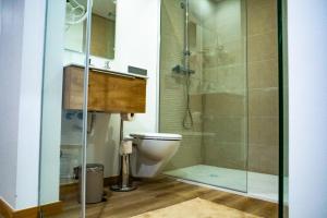 a bathroom with a toilet and a glass shower at Loureiro B&B in São Pedro do Sul