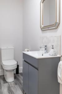 a bathroom with a toilet and a sink and a mirror at Coppergate Mews Grimsby No7 - 2 bed, 2 bath, 1st floor apartment in Grimsby