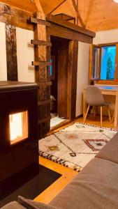 una sala de estar con chimenea en una casa en Magnifique Mazot Dans Les Vignes en Martigny-Combe