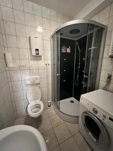 a bathroom with a shower and a toilet and a washing machine at Pension An der Mühle in Sottrum