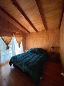 1 dormitorio con 1 cama grande y techo de madera en Complejo Turístico Choapa Lindo, en Choapa