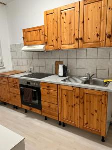 a kitchen with wooden cabinets and a sink at Pension An der Mühle in Sottrum