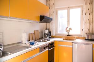 une cuisine avec des armoires orange et un évier ainsi qu'une fenêtre dans l'établissement Ferienwohnung Steinrose, à Füssen