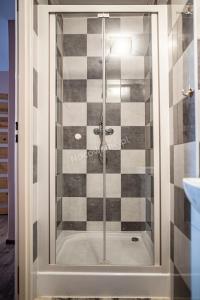 a shower with a glass door in a bathroom at Cichy Potok in Polańczyk