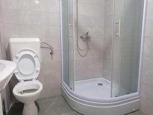 ein Bad mit einer Dusche, einem WC und einem Waschbecken in der Unterkunft Apartman Nomino in Zvornik