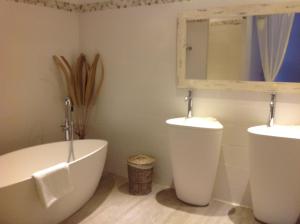 uma casa de banho com uma banheira e um espelho. em De la suite dans les oliviers em Gallargues-Le-Montueux