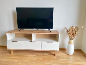 a tv on a white cabinet with a vase at 55m2 Modern Flat with Balcony in Vienna