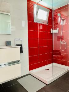 a red tiled bathroom with a shower and a sink at Estudio Grey in Tahiche