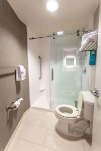 a bathroom with a toilet and a glass shower at SpringHill Suites Columbus Airport Gahanna in Gahanna