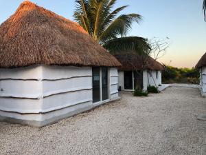 un bâtiment avec un toit de chaume et un palmier dans l'établissement Cabañas Cinco Elementos, à Celestún