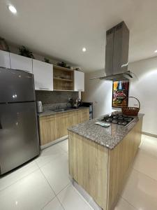 a kitchen with a refrigerator and a counter top at Boca Chica Luxury apartment in Boca Chica