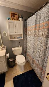 a bathroom with a toilet and a shower curtain at Unique 2 Bedroom / 2 Bath Condo in Myrtle Beach in Myrtle Beach