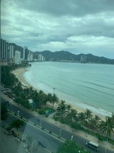 vistas a una playa con palmeras y al océano en An's Oceanus House Nha Trang en Nha Trang