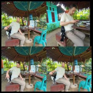 a man sitting on a picnic table with a dog at Raja Ampat Sandy Guest House in Saonek