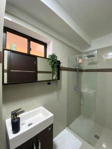 uma casa de banho com um lavatório e uma cabina de duche em vidro. em Elegante apartamento en Playa el Angel em Porlamar