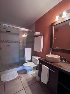 a bathroom with a toilet and a shower and a sink at Cacao Luxury Suite in Coronado in Chame
