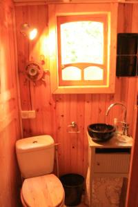 Saint Laurent NouanにあるRoulotte en Sologneのバスルーム(トイレ、洗面台付)、窓が備わります。