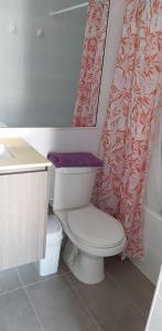 uma casa de banho com um WC e uma cortina de chuveiro em apartamento Lynch Costero Iquique em Iquique