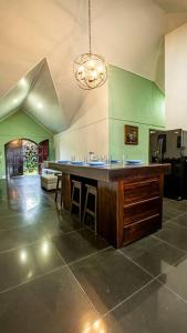 a kitchen with a island in a room with green walls at Anthurium house in Fortuna