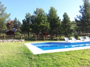 una piscina con tumbonas en el césped en Cabañas Bosques del Sol en Villa Giardino