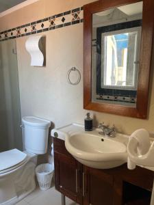 a bathroom with a sink and a toilet and a mirror at 704 vista casco antiguo y nuevo in Cartagena de Indias