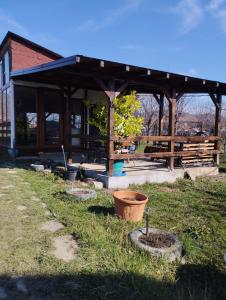 un pabellón de madera con algunas plantas en el césped en Punct Gastronomic Local Acasa la Vero, en Schiuleşti