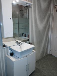 bagno con lavandino e specchio di Punct Gastronomic Local Acasa la Vero a Schiuleşti