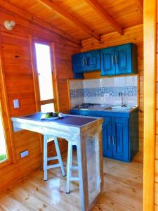 a kitchen with blue cabinets in a log cabin at Cabaña con vista a la laguna de Tota in Tota