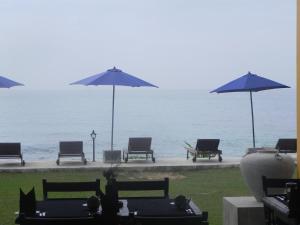 a group of chairs and umbrellas next to the water at Amanda Beach Villas in Unawatuna