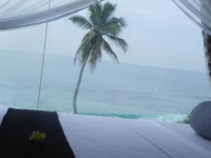 a bedroom with a view of the ocean and a palm tree at Amanda Beach Villas in Unawatuna