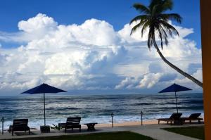 a group of chairs and umbrellas next to the ocean at Amanda Beach Villas in Unawatuna
