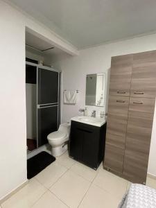 サレントにあるLa Casita de Chuchoのトイレ、洗面台、鏡を備えたバスルーム