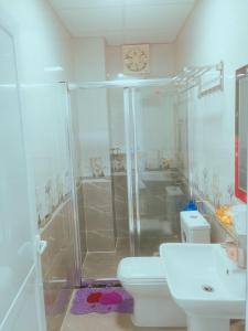 a bathroom with a shower and a toilet and a sink at Cat Ba Central Homestay in Cat Ba