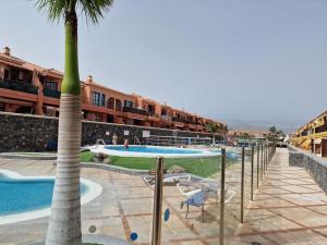 basen z palmą obok budynku w obiekcie Great 2bedrooms apartment in Costa del Silencio w mieście Costa Del Silencio