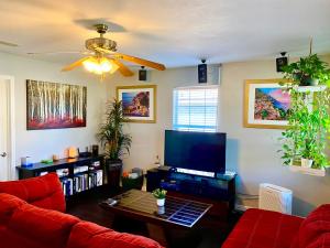 een woonkamer met een rode bank en een flatscreen-tv bij My Castle in San Marcos in San Marcos