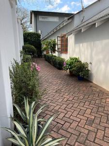 a brick walkway with plants and flowers next to a building at Charming cottage in lush Melrose Garden in Johannesburg