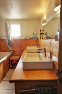 a kitchen with two sinks on a wooden counter at Le Jardin Suspendu Gîte avec piscine et jacuzzi pour 12 personnes in Vailhauquès