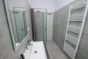 a bathroom with a shower and a sink and a mirror at Celestina Corfu Town Apartment in Corfu